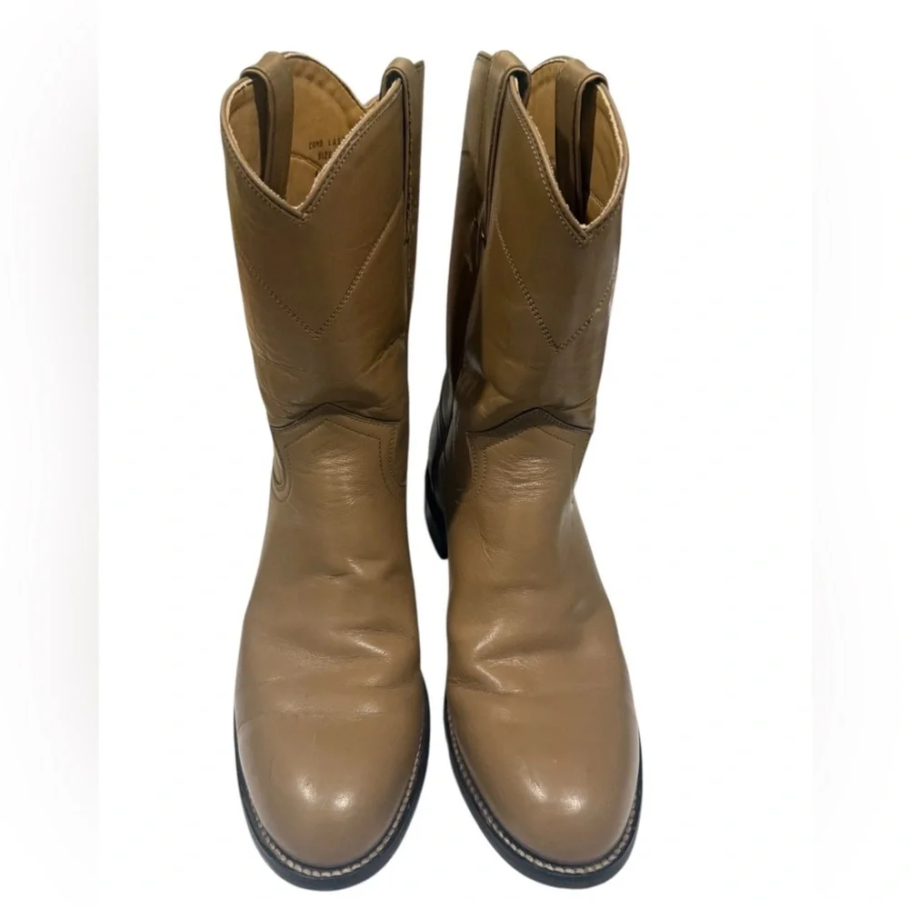 Justin Junior Western Boots Size 5.5 Tan Leather Mid Calf Round Toe Cowboy‎